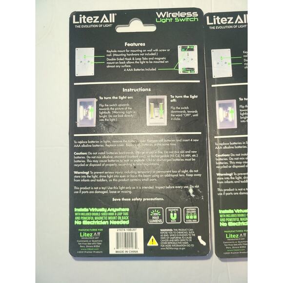 LITEZALL WIRELESS LIGHT SWITCH / NIGHT LIGHT 200 LUMENS 2 Included - Picture 3 of 5
